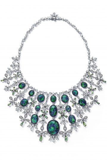 Chopard necklace set with 48.8cts marquise cut diamonds, 13cts brilliant cut diamonds, pear-shaped tourmalines and oval black opals.