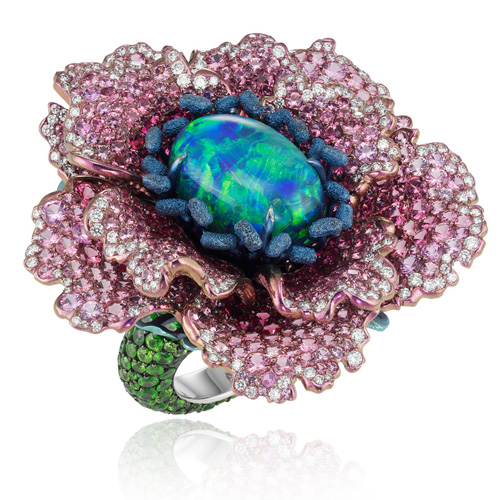 Chopard, white gold ring with magnificent opal, sapphires, spinels, garnets and diamonds