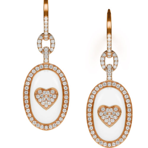 Avakian, First Love Earrings in pink gold with white diamonds and white agate