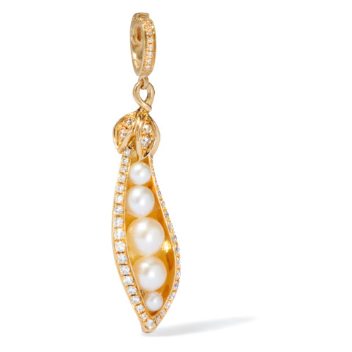 Annoushka, fresh water white pearl & diamonds Mythology Pea Pod Charm in yellow gold